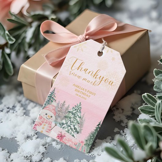 Winter ONEderland Sneeuwpop Meisje Verjaardag Roze Cadeaulabel