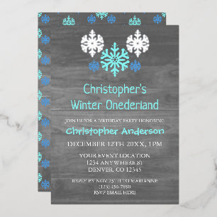 Winter Onederland Sneeuwvlok 1e Verjaardag Folie Uitnodiging