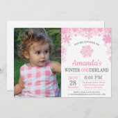 Winter Onederland Sneeuwvlok Roze Meisje 1e Verjaa Kaart (Voorkant / Achterkant)