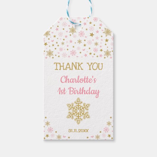 Winter ONEderland Sneeuwvlokken Roze Goud Verjaard Cadeaulabel (Voorkant)