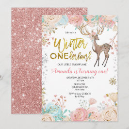 Winter ONEderland Snow Birthday Invitation Gold Kaart