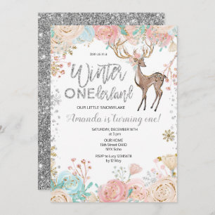 Winter ONEderland Snow Birthday Invitation Silver Kaart