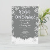 Winter ONEderland Snow Birthday Invite Gray Kaart (Staand voorkant)