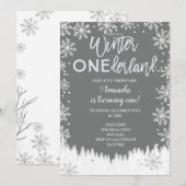 Winter ONEderland Snow Birthday Invite Gray Kaart (Voorkant / Achterkant)