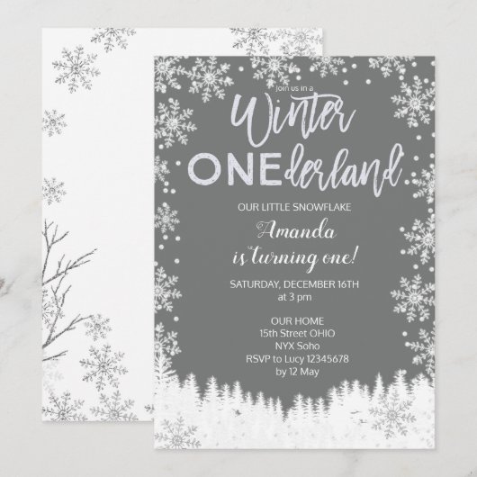 Winter ONEderland Snow Birthday Invite Gray Kaart (Voorkant / Achterkant)