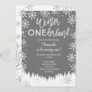 Winter ONEderland Snow Birthday Invite Gray Kaart