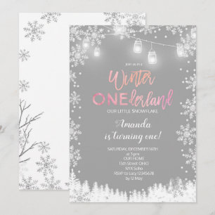 Winter ONEderland Snow Birthday Invite PINK Kaart