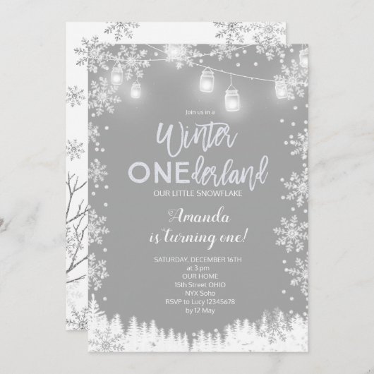 Winter ONEderland Snow Birthday Invite Snow Kaart (Voorkant / Achterkant)