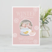 Winter Onederland Snow Wereldbol Roze 1e verjaarda Kaart (Staand voorkant)