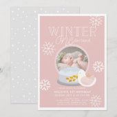 Winter Onederland Snow Wereldbol Roze 1e verjaarda Kaart (Voorkant / Achterkant)