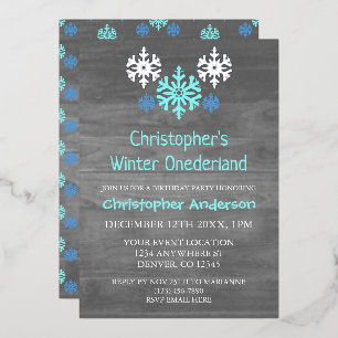 Winter Onederland Snowflake 1e verjaardag Folie Uitnodiging