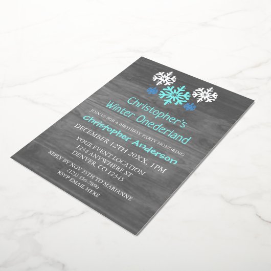 Winter Onederland Snowflake 1e verjaardag Folie Uitnodiging (Gedraaid)