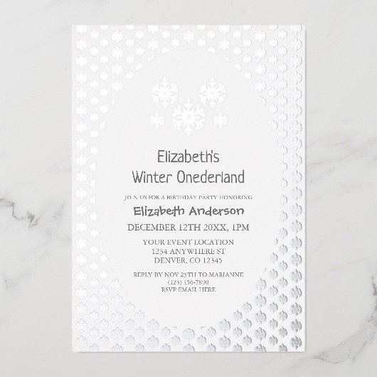 Winter Onederland Snowflake 1e verjaardag Folie Uitnodiging (Voorkant)