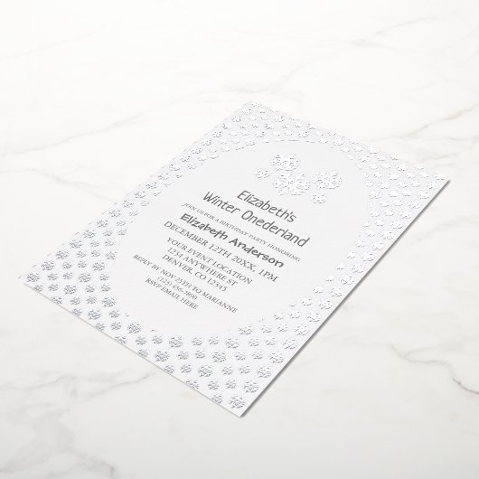 Winter Onederland Snowflake 1e verjaardag Folie Uitnodiging (Gedraaid)