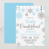 Winter Onederland Snowflake 1s Birthday Uitnodigin Kaart (Voorkant / Achterkant)
