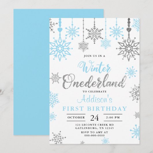 Winter Onederland Snowflake 1s Birthday Uitnodigin Kaart (Voorkant / Achterkant)