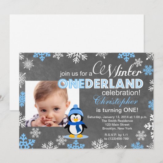 Winter ONEderland Snowflake 1st Birthday Invite Kaart (Voorkant / Achterkant)