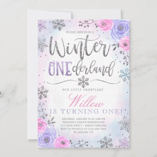 Winter ONEderland Snowflake Birthday Uitnodiging (Voorkant)