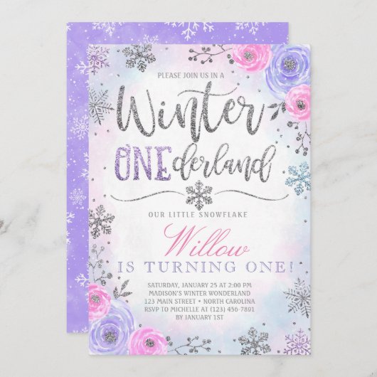Winter ONEderland Snowflake Birthday Uitnodiging (Voorkant / Achterkant)