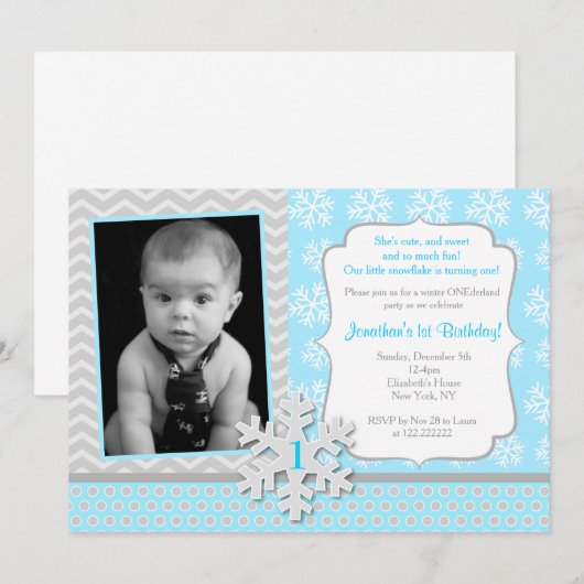 Winter Onederland Snowflake Birthday Uitnodiging (Voorkant / Achterkant)