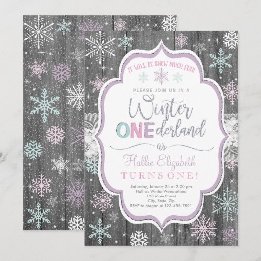 Winter ONEderland Snowflake Birthday Uitnodiging (Voorkant / Achterkant)