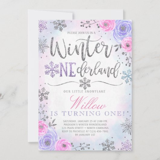Winter ONEderland Snowflake Birthday Uitnodiging (Voorkant)