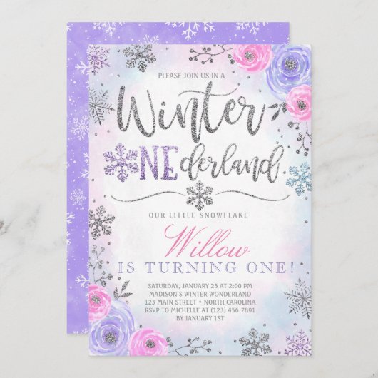 Winter ONEderland Snowflake Birthday Uitnodiging (Voorkant / Achterkant)