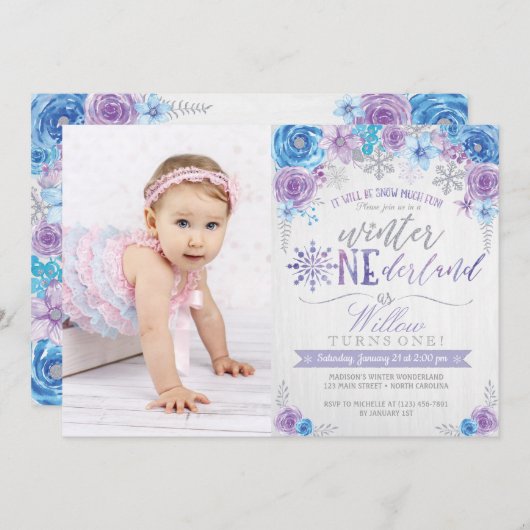 Winter ONEderland Snowflake Birthday Uitnodiging (Voorkant / Achterkant)