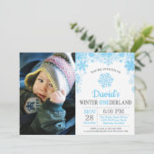 Winter Onederland Snowflake Blue Boy 1st Birthday Kaart (Staand voorkant)