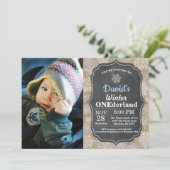 Winter Onederland Snowflake Blue Boy 1st Birthday Kaart (Staand voorkant)