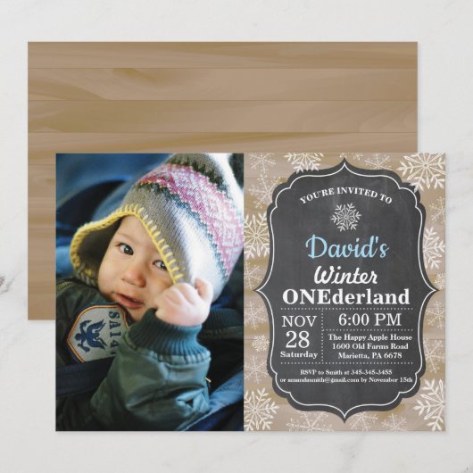 Winter Onederland Snowflake Blue Boy 1st Birthday Kaart (Voorkant / Achterkant)