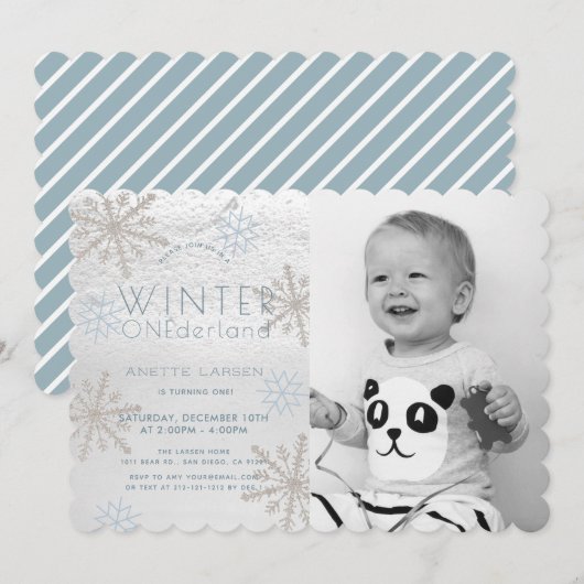 Winter Onederland Snowflake Blue Foto1st Birthday Kaart (Voorkant / Achterkant)