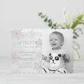 Winter Onederland Snowflake Blue Foto1st Birthday Kaart (Staand voorkant)