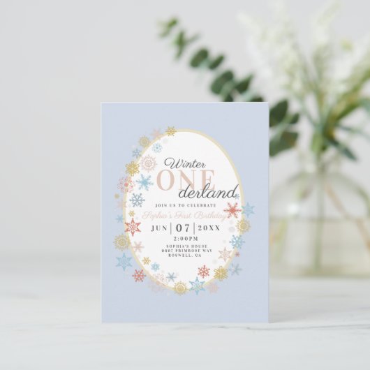 Winter Onederland Snowflake First Birthday Invitat Briefkaart (Staand voorkant)