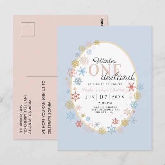 Winter Onederland Snowflake First Birthday Invitat Briefkaart (Voorkant / Achterkant)