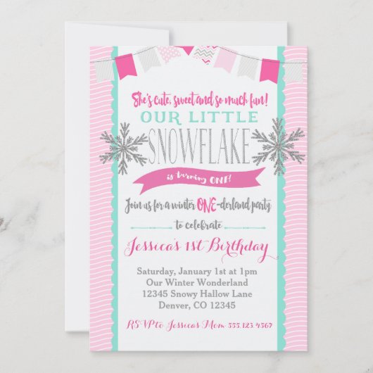 Winter ONEderland Snowflake Invitation Girl Kaart (Voorkant)