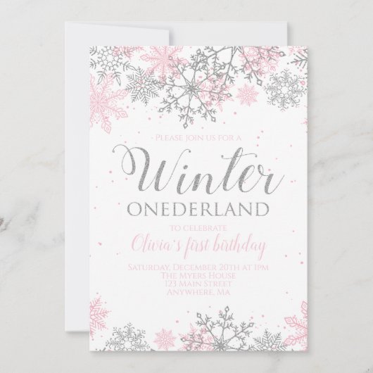 Winter Onederland Snowflake Invite Kaart (Voorkant)