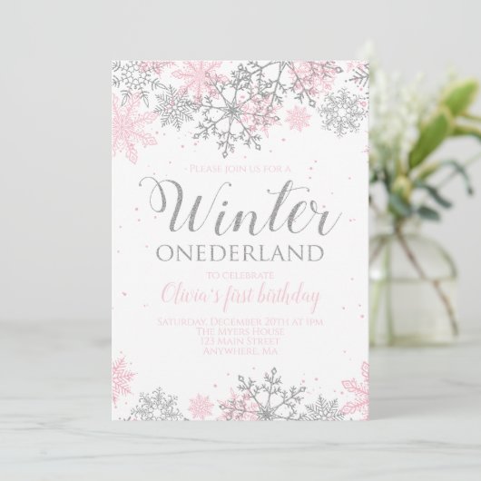 Winter Onederland Snowflake Invite Kaart (Staand voorkant)