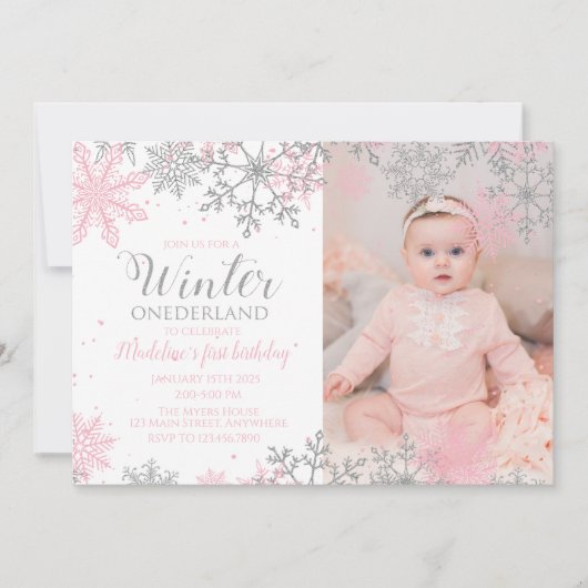 Winter ONEderland Snowflake Photo Invite Kaart (Voorkant)