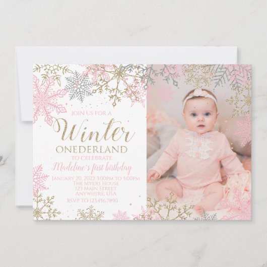 Winter ONEderland Snowflake Photo Invite Kaart (Voorkant)
