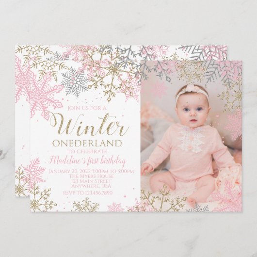 Winter ONEderland Snowflake Photo Invite Kaart (Voorkant / Achterkant)