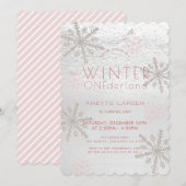 Winter Onederland Snowflake Pink 1e verjaardag Kaart (Voorkant / Achterkant)