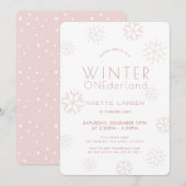 Winter Onederland Snowflake Pink 1e verjaardag Kaart (Voorkant / Achterkant)