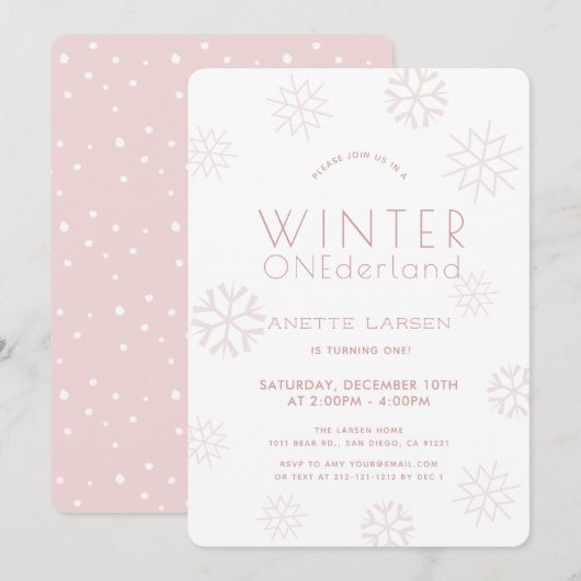 Winter Onederland Snowflake Pink 1e verjaardag Kaart (Voorkant / Achterkant)