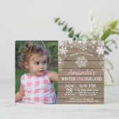 Winter Onederland Snowflake Pink Girl 1ste verjaar Kaart (Staand voorkant)