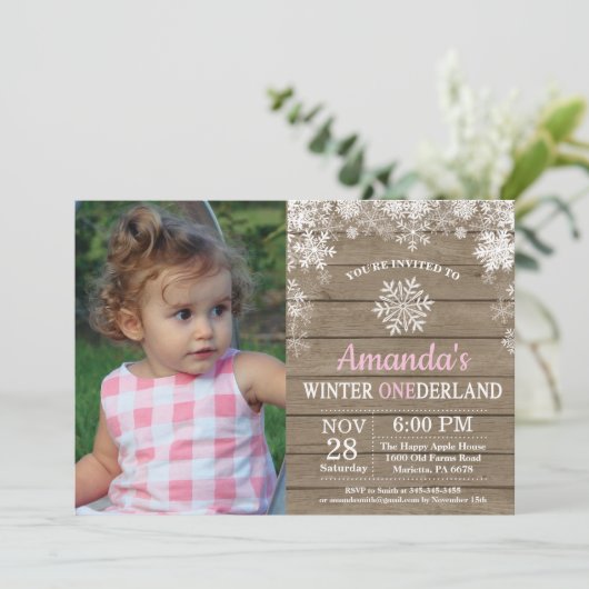 Winter Onederland Snowflake Pink Girl 1ste verjaar Kaart (Staand voorkant)