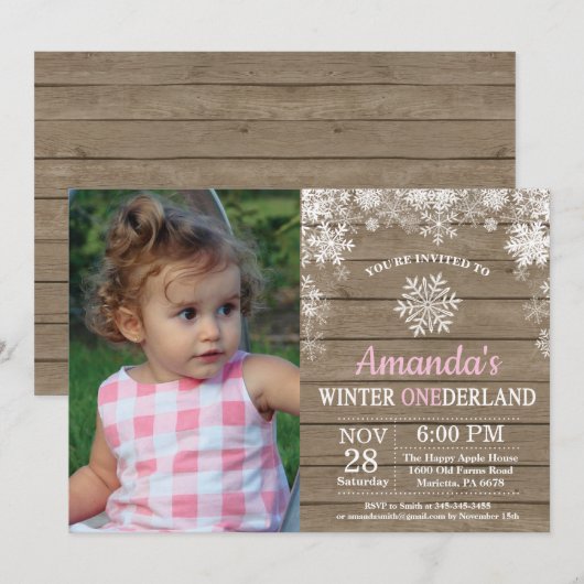 Winter Onederland Snowflake Pink Girl 1ste verjaar Kaart (Voorkant / Achterkant)