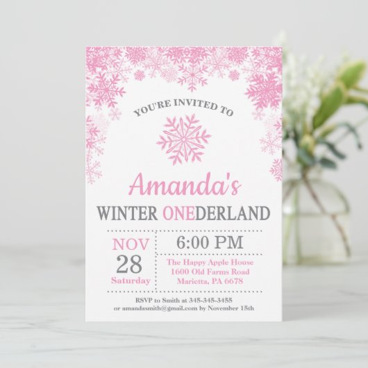 Winter Onederland Snowflake Pink Girl 1ste verjaar Kaart (Staand voorkant)
