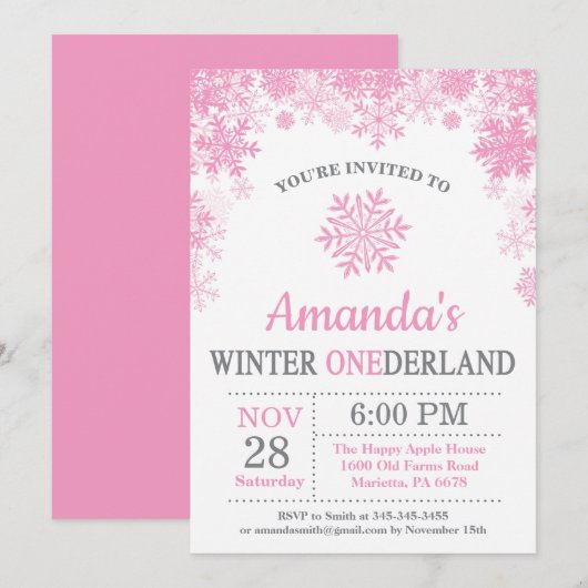 Winter Onederland Snowflake Pink Girl 1ste verjaar Kaart (Voorkant / Achterkant)