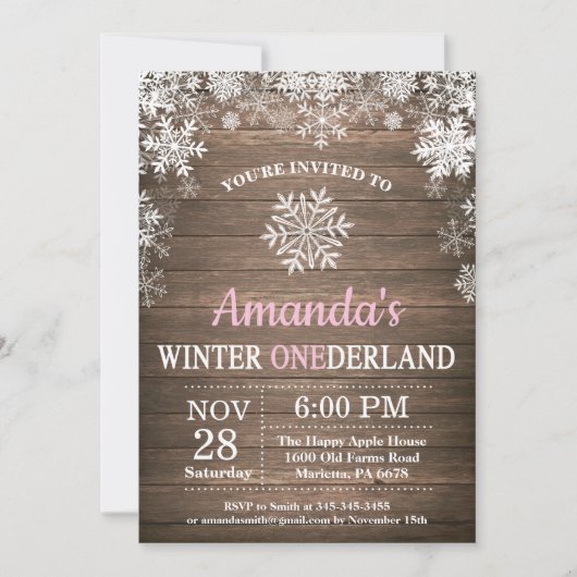 Winter Onederland Snowflake Pink Girl 1ste verjaar Kaart (Voorkant)